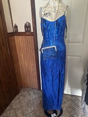 Blue Sequin Spaghetti-Strap Prom Dress